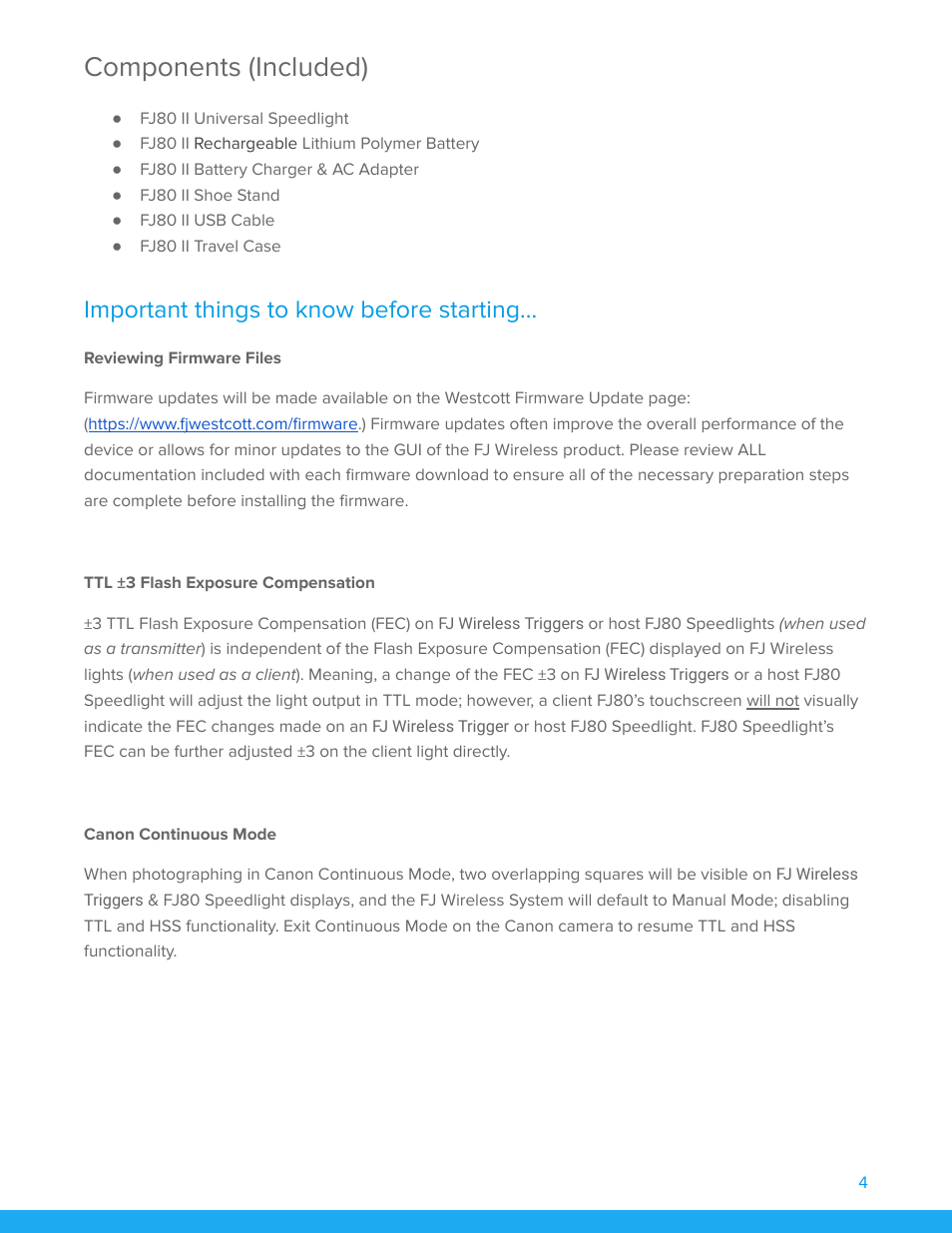 Components (included), Important things to know before starting, Reviewing firmware files | Ttl ±3 flash exposure compensation, Canon continuous mode | Westcott FJ80 II M Universal Touchscreen 80Ws Speedlight with Adapter for Cameras User Manual | Page 5 / 21