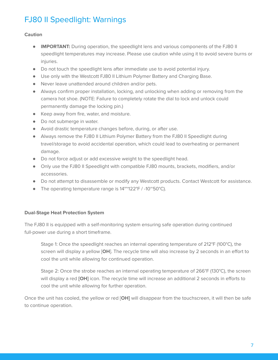 Fj80 ii speedlight: warnings, Caution, Dual-stage heat protection system | Westcott FJ80 II M Universal Touchscreen 80Ws Speedlight with Adapter for Cameras User Manual | Page 8 / 21