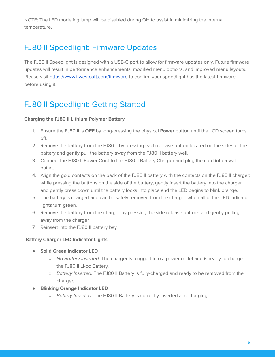 Fj80 ii speedlight: firmware updates, Fj80 ii speedlight: getting started, Charging the fj80 ii lithium polymer battery | Battery charger led indicator lights | Westcott FJ80 II M Universal Touchscreen 80Ws Speedlight with Adapter for Cameras User Manual | Page 9 / 21