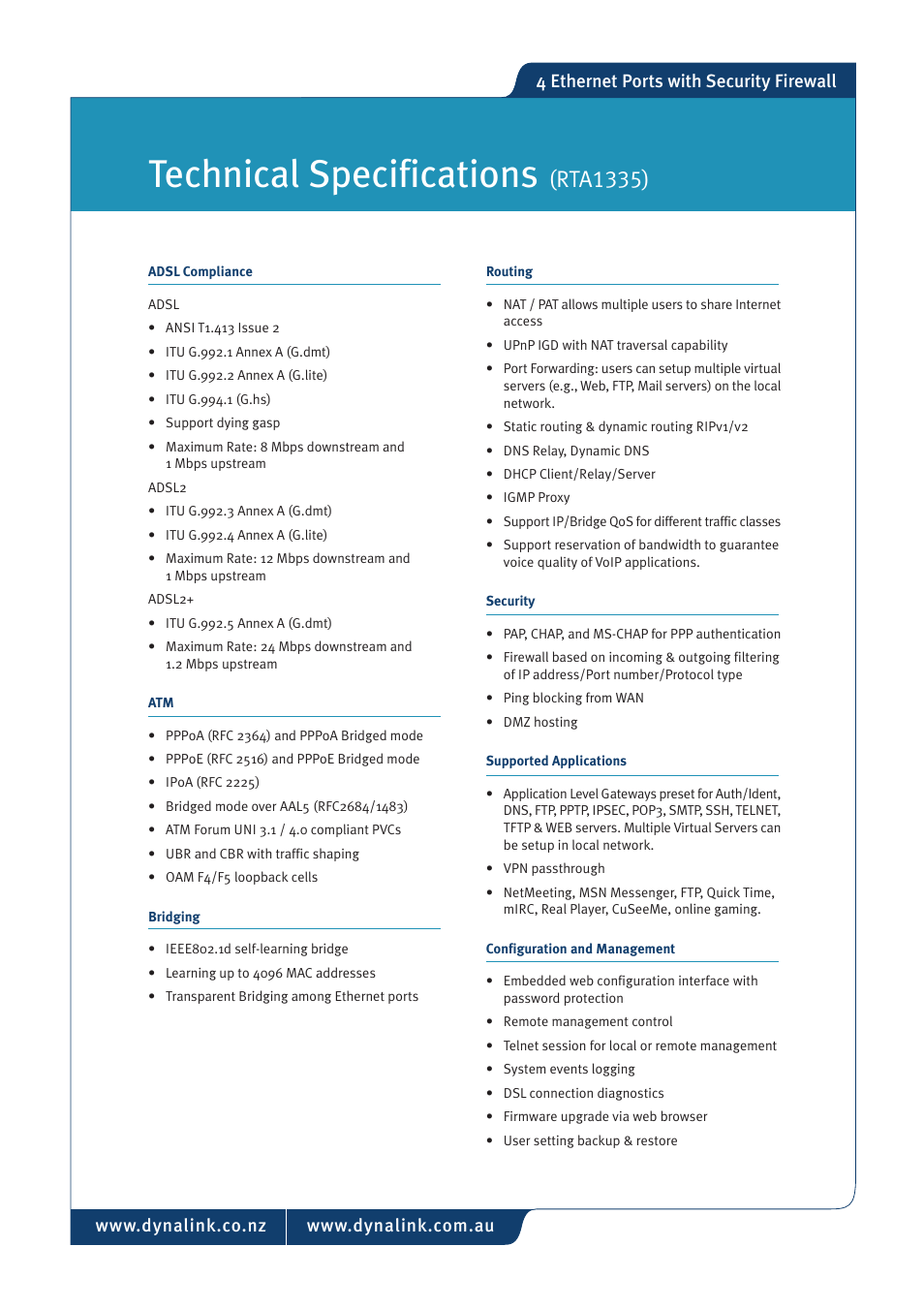 Technical specifications, Rta1335), 4 ethernet ports with security firewall | Dynalink RTA1335 User Manual | Page 2 / 3