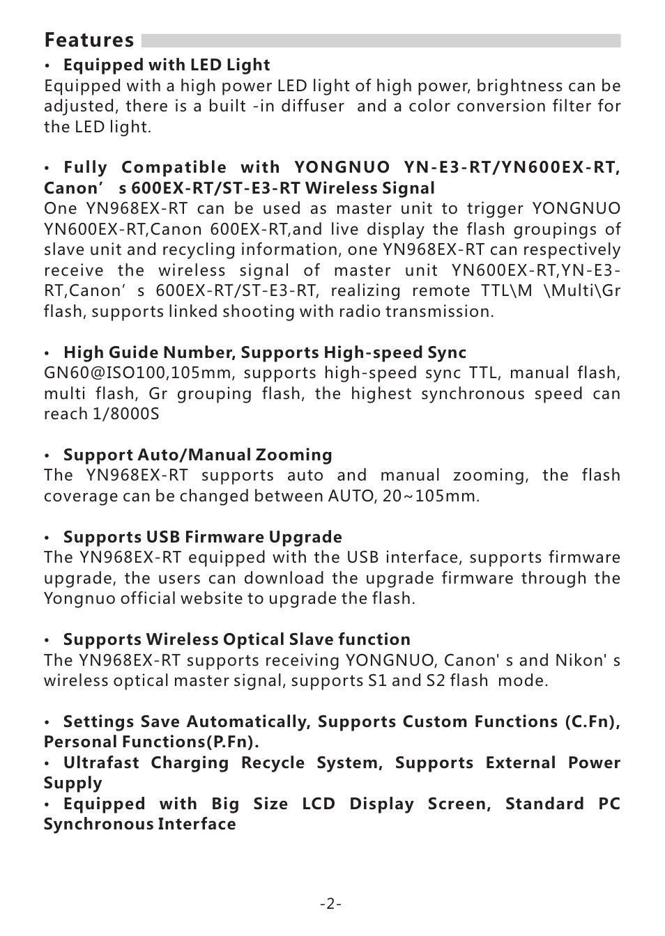 Features | Yongnuo Speedlite YN968EX-RT for Cameras User Manual | Page 4 / 26