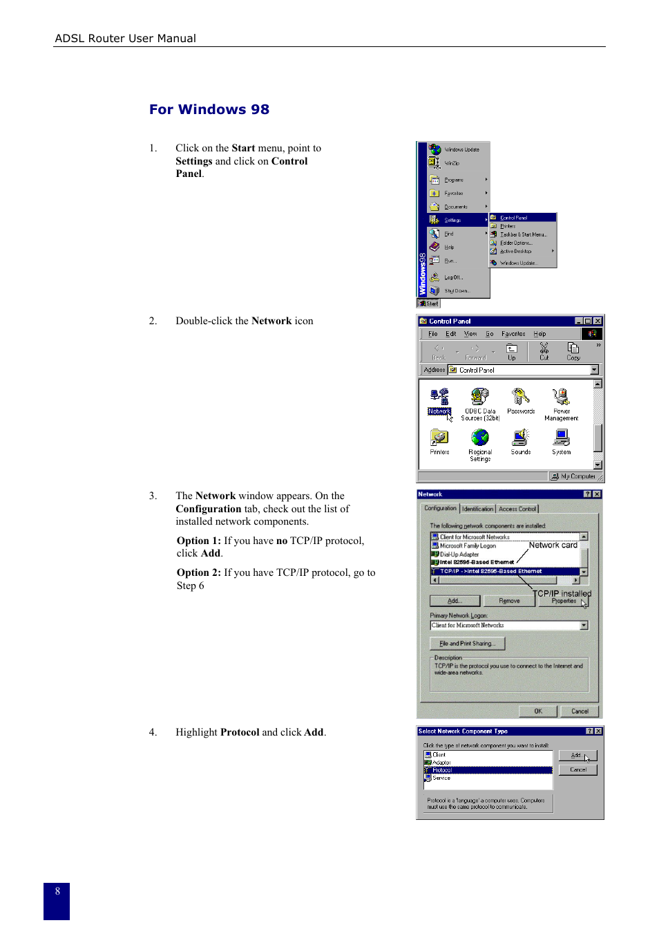 For windows 98 | Dynalink RTA230 User Manual | Page 16 / 88