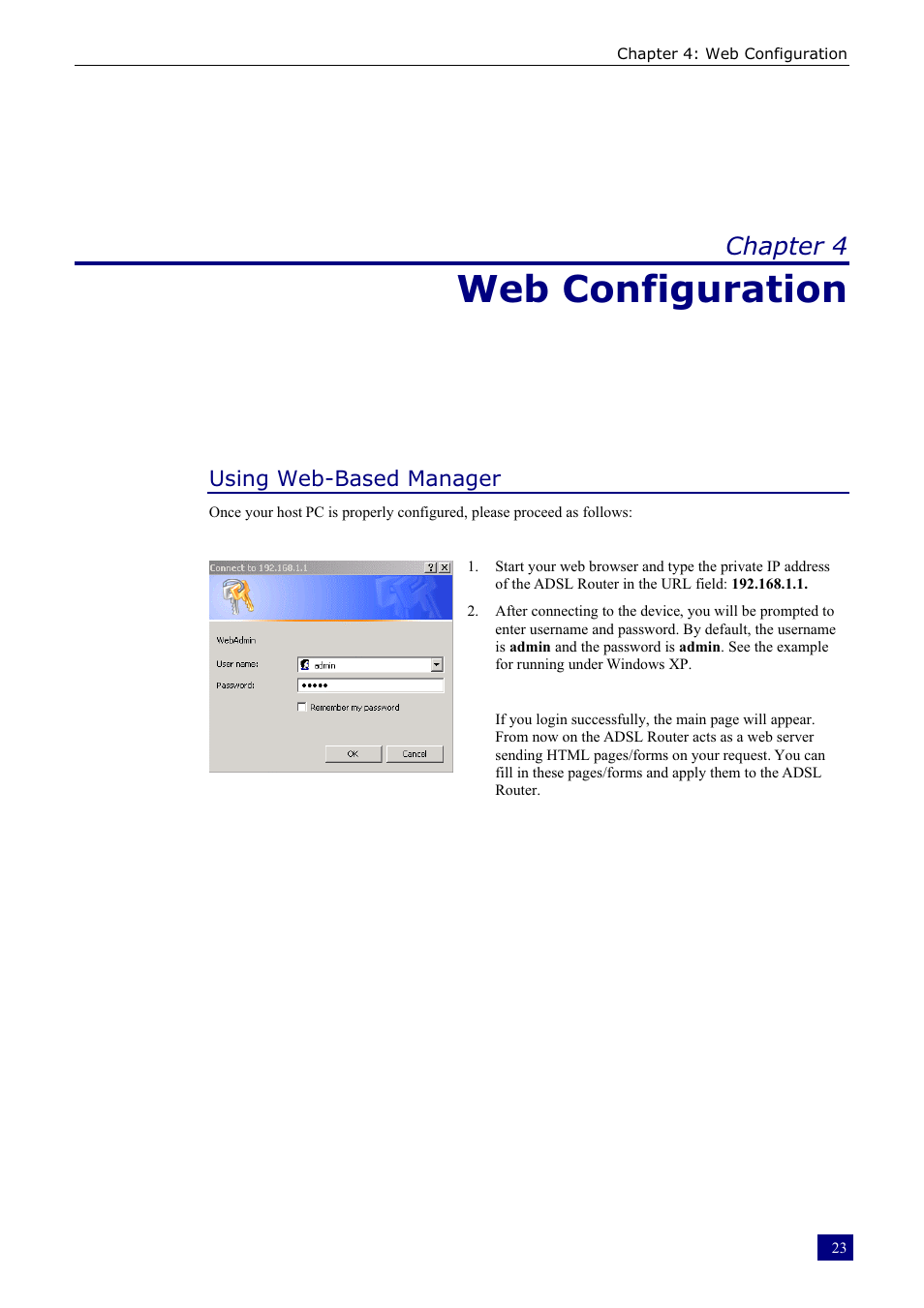 Web configuration, Chapter 4 | Dynalink RTA230 User Manual | Page 31 / 88