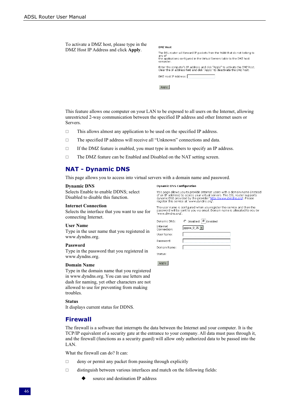 Nat - dynamic dns, Firewall | Dynalink RTA230 User Manual | Page 54 / 88