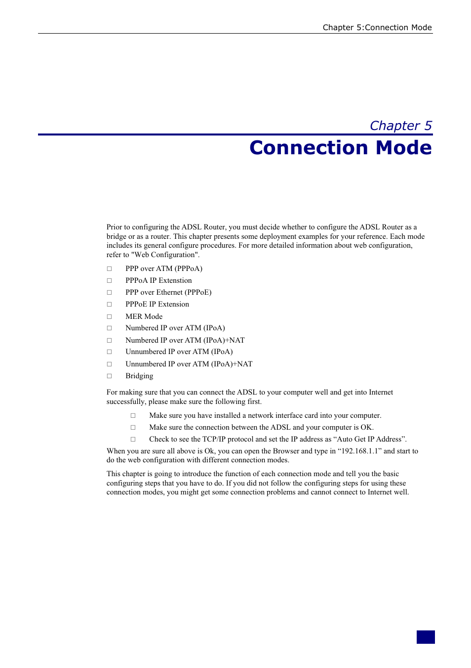 Connection mode, Chapter 5 | Dynalink RTA230 User Manual | Page 64 / 88