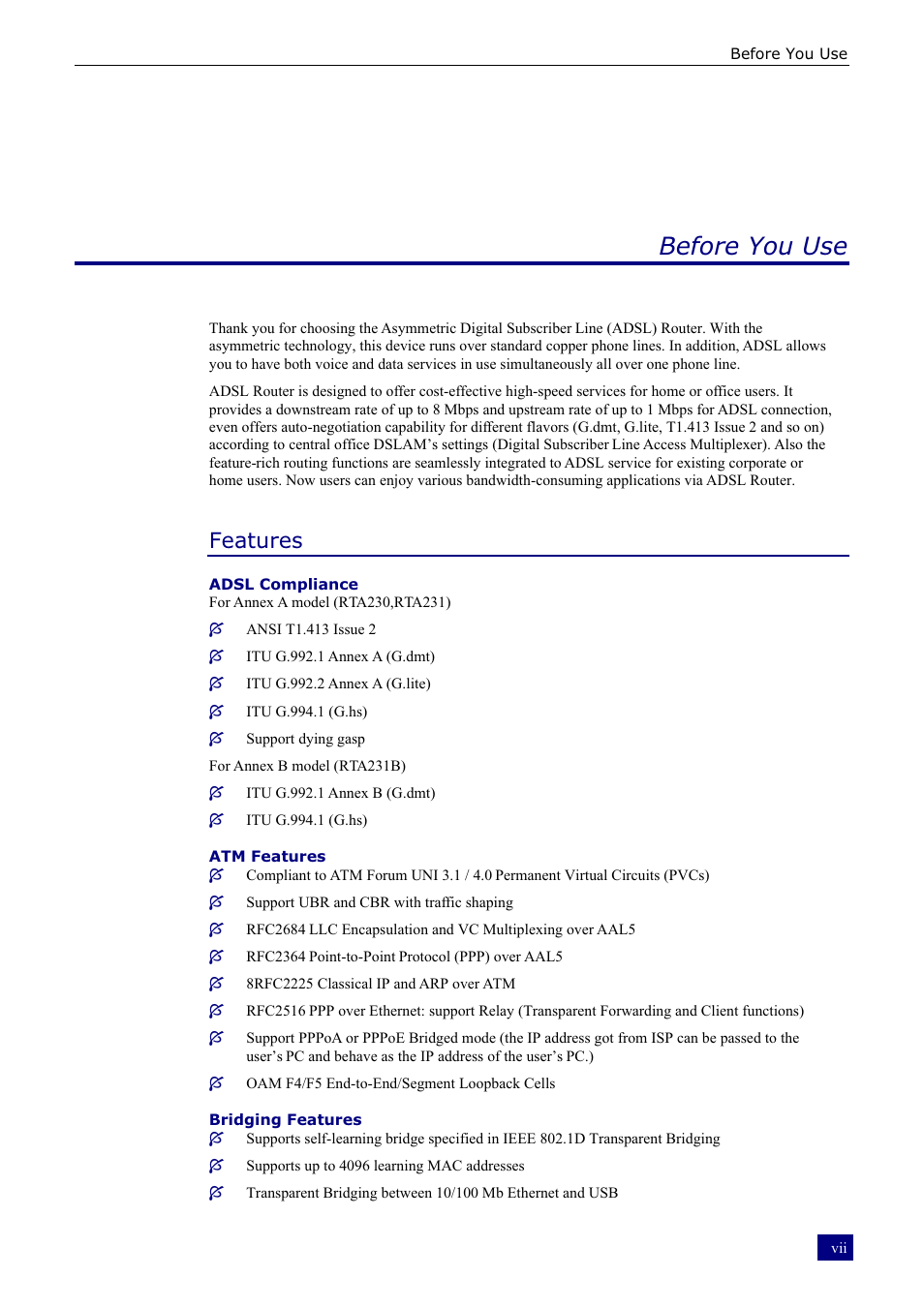 Before you use, Features | Dynalink RTA230 User Manual | Page 7 / 88