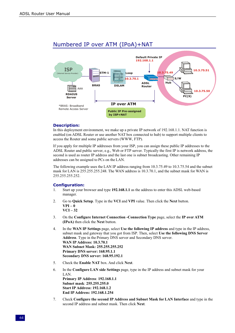 Numbered ip over atm (ipoa)+nat | Dynalink RTA230 User Manual | Page 72 / 88