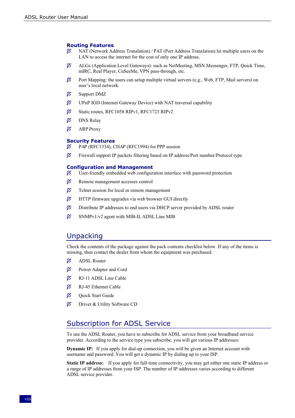 Unpacking, Subscription for adsl service | Dynalink RTA230 User Manual | Page 8 / 88