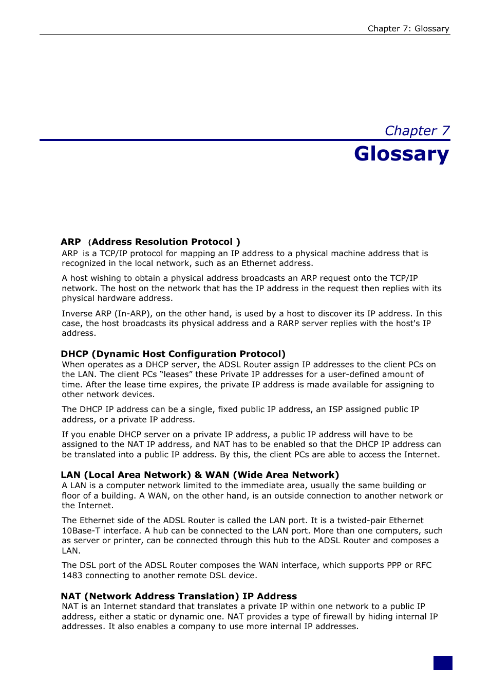 Glossary, Chapter 7 | Dynalink RTA230 User Manual | Page 82 / 88