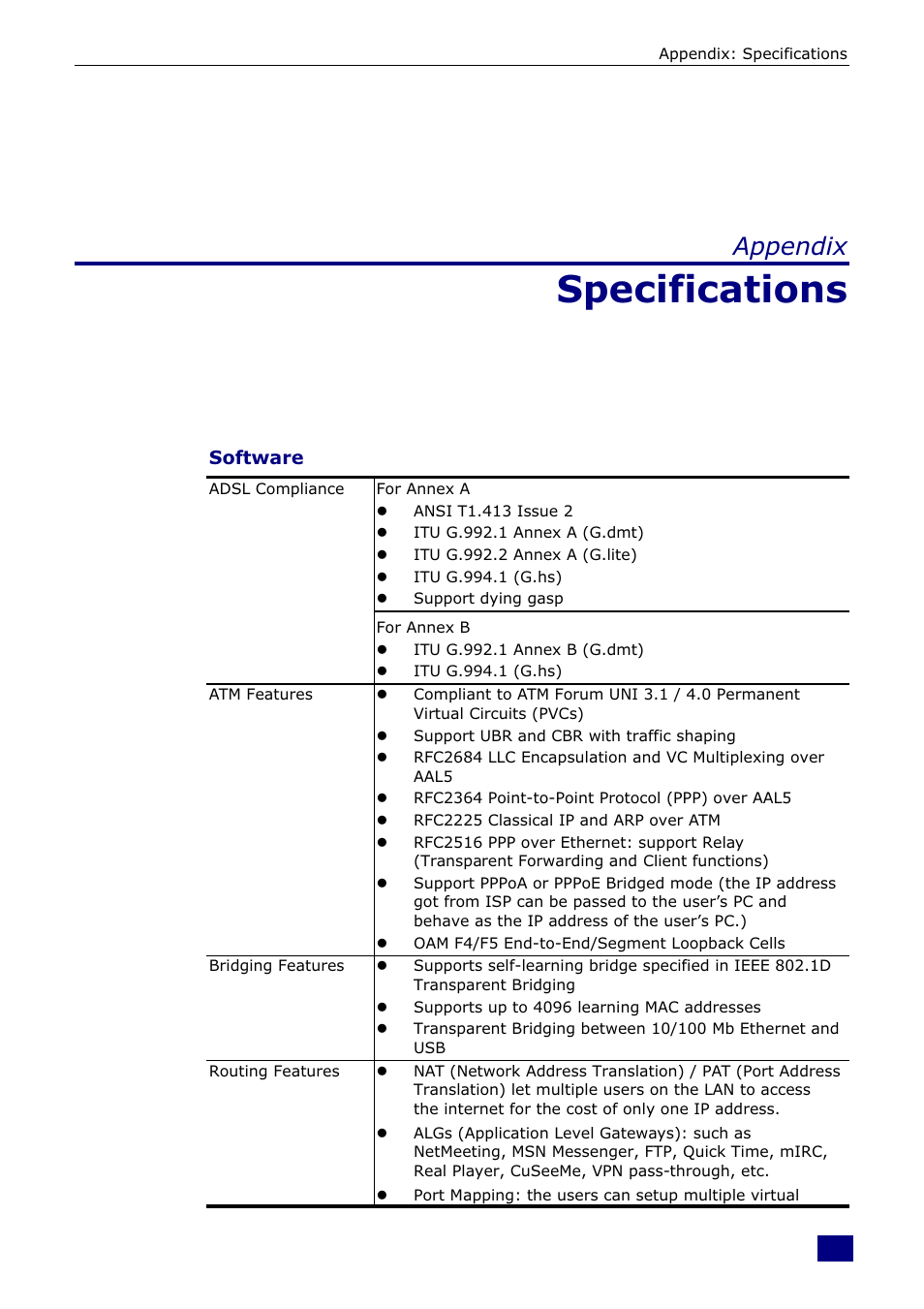 Specifications, Appendix | Dynalink RTA230 User Manual | Page 86 / 88