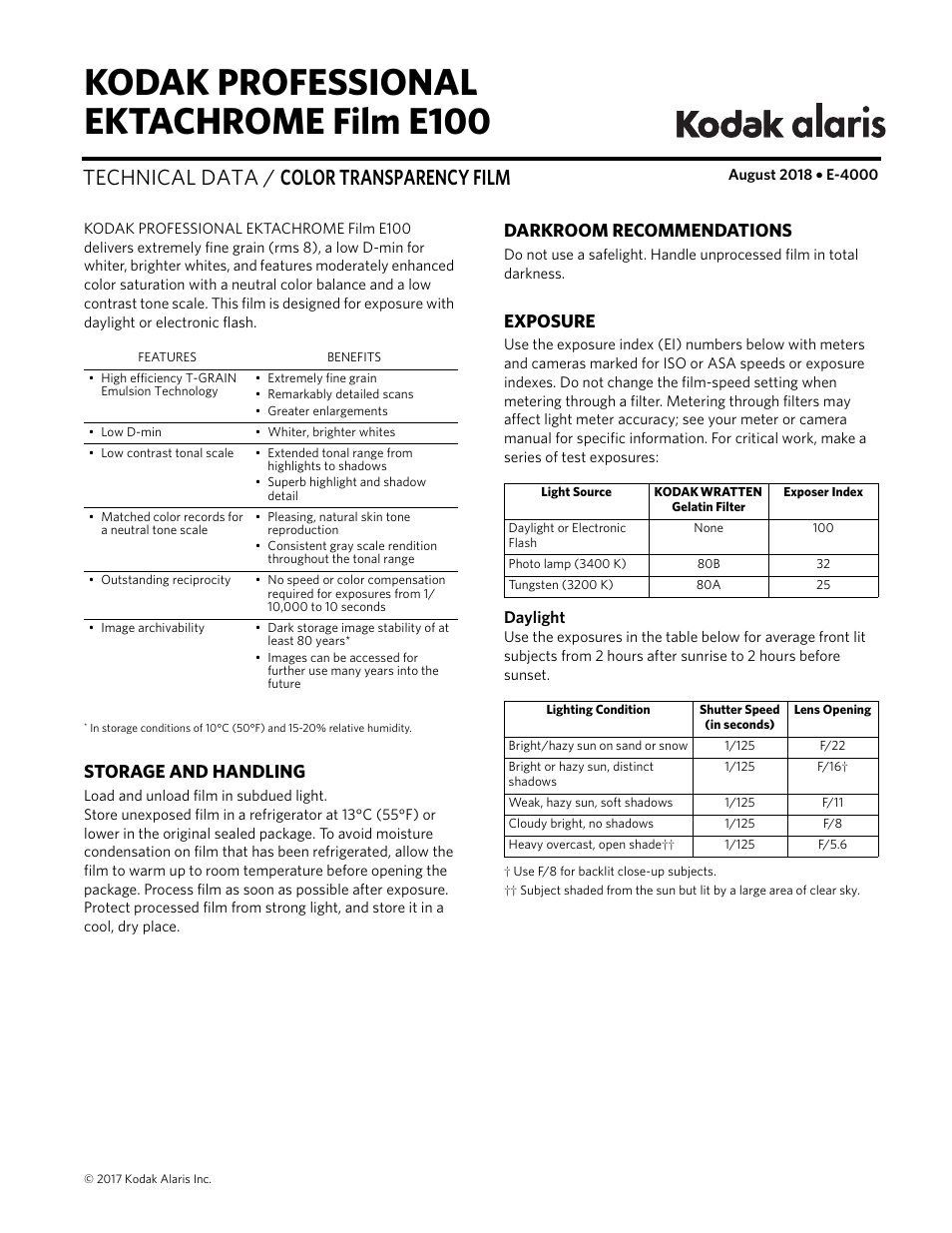 Kodak Ektachrome E100 Color Transparency Film (35mm Roll Film, 36 Exposures) User Manual | 4 pages