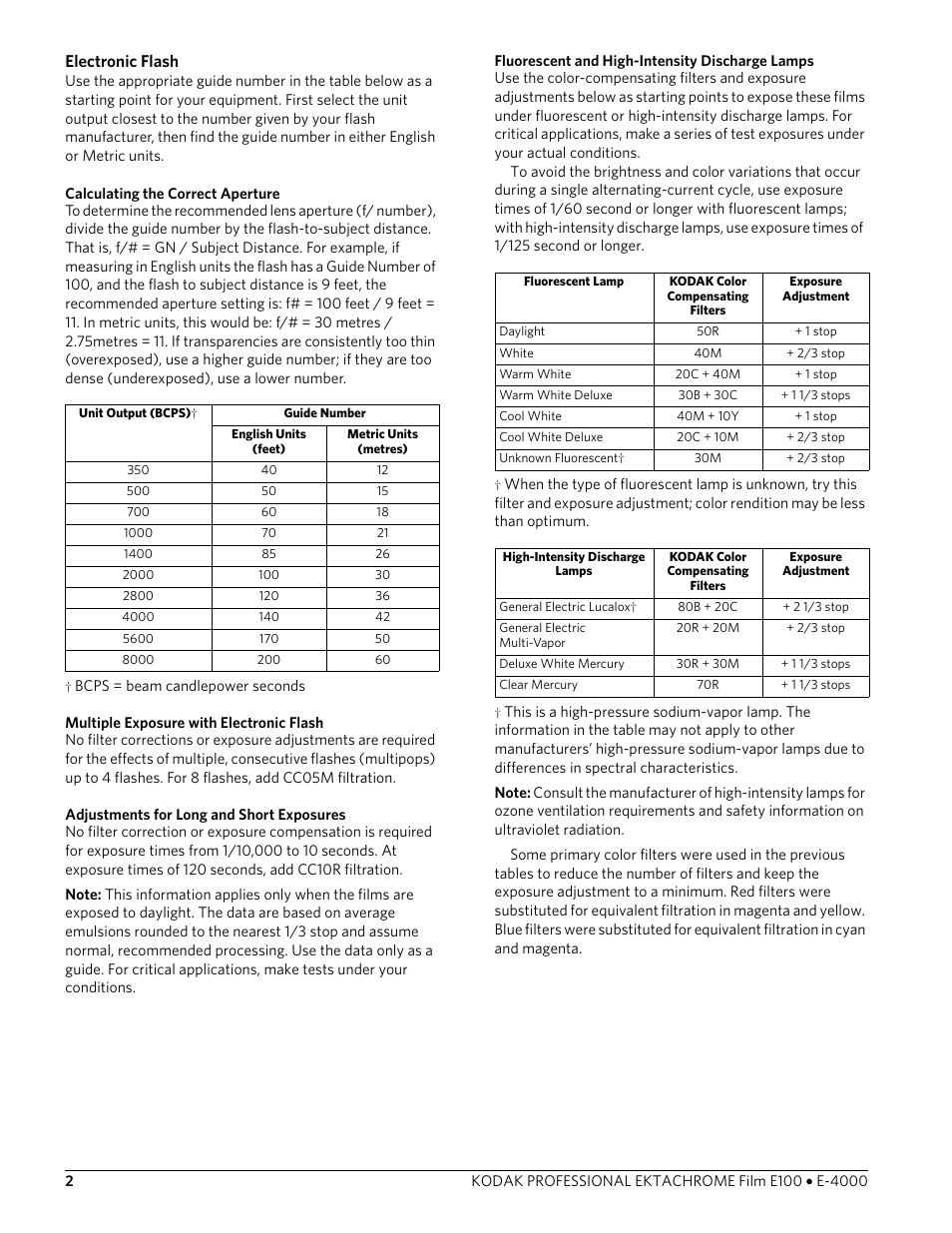 Electronic flash, Calculating the correct aperture, Multiple exposure with electronic flash | Adjustments for long and short exposures, Fluorescent and high-intensity discharge lamps | Kodak Ektachrome E100 Color Transparency Film (35mm Roll Film, 36 Exposures) User Manual | Page 2 / 4