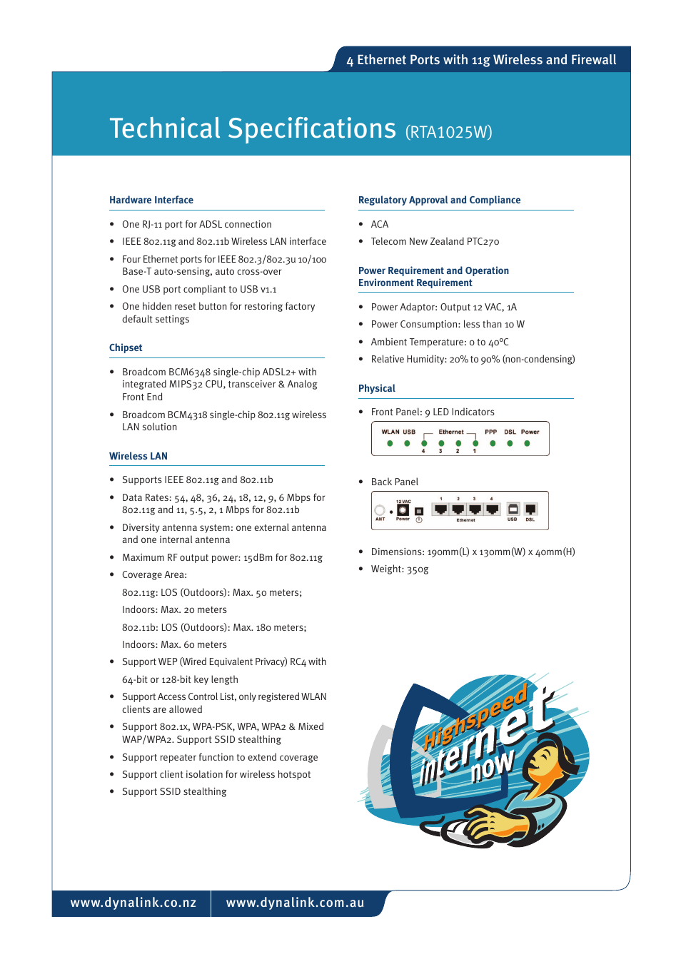 Technical specifications, Rta1025w) | Dynalink RTA1025W User Manual | Page 3 / 3