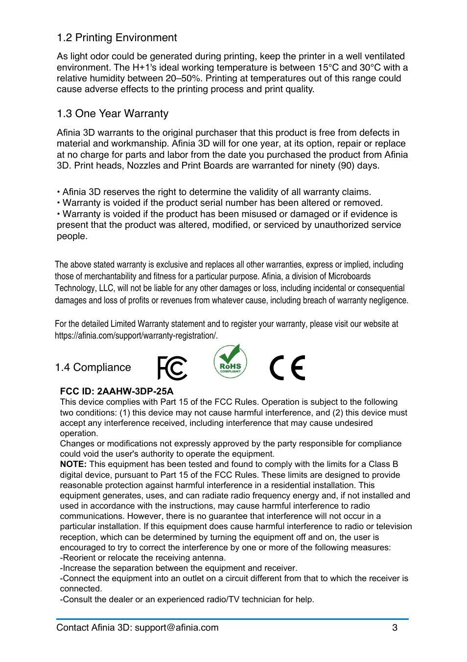 2 printing environment, 3 one year warranty, 4 compliance | Rinting, Nvironment, Arranty, Ompliance | Afinia H+1 3D Printer User Manual | Page 4 / 53