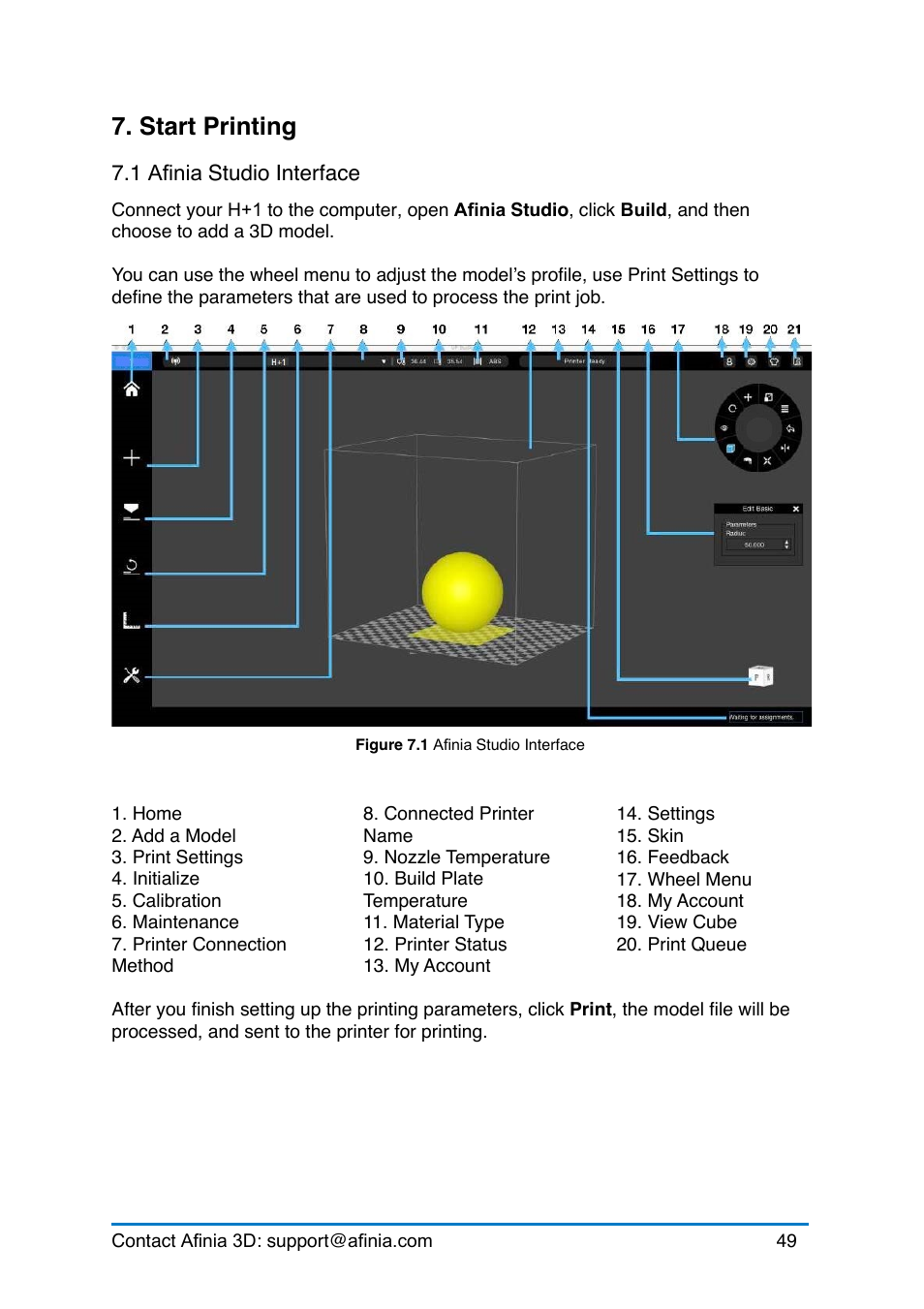 Start printing, 1 up studio interface, Afinia | Tudio, Nterface | Afinia H+1 3D Printer User Manual | Page 50 / 53