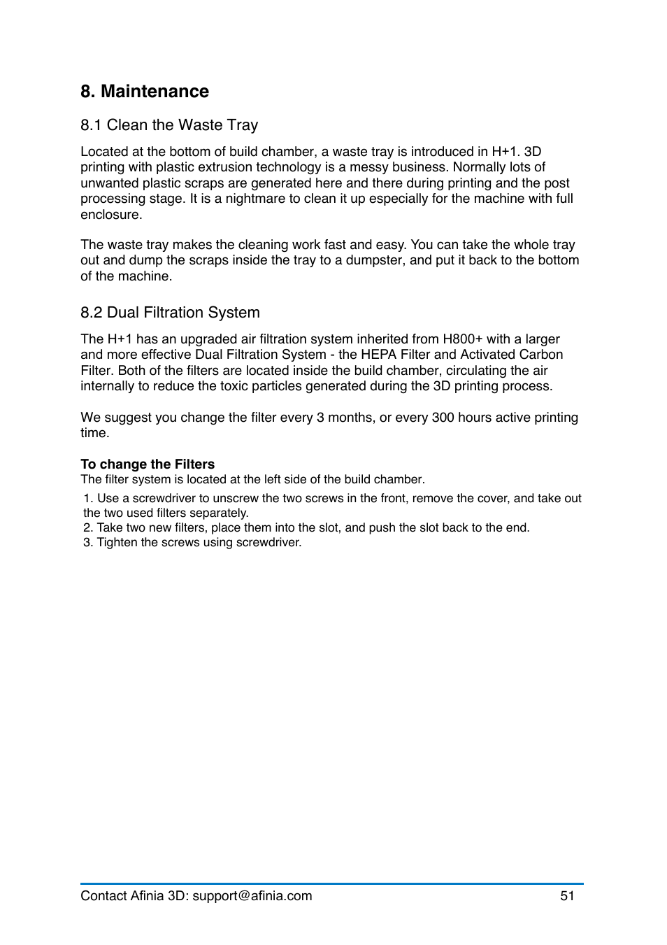 Maintenance, 1 clean the waste tray, 2 dual filtration system | Lean, Aste, Iltration, Ystem | Afinia H+1 3D Printer User Manual | Page 52 / 53