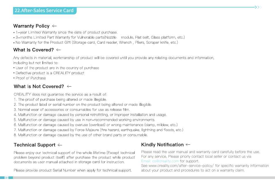 After-sales service card | Creality CR-10 SmPro FDM 3D Printer User Manual | Page 34 / 45