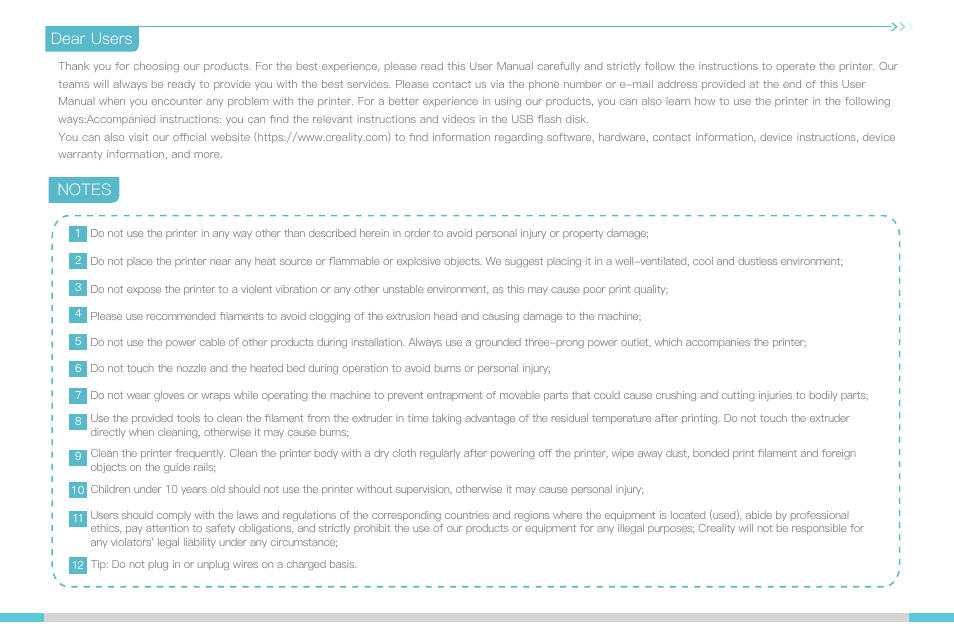 Dear users | Creality K1 Max 3D Printer User Manual | Page 2 / 25