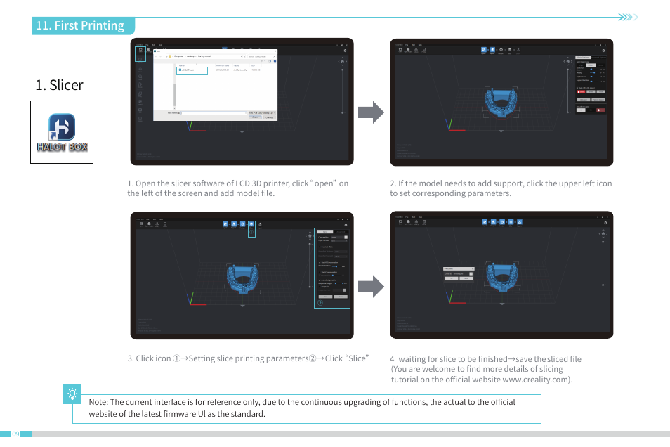Slicer, First printing | Creality Halot-One Resin 3D Printer User Manual | Page 15 / 22