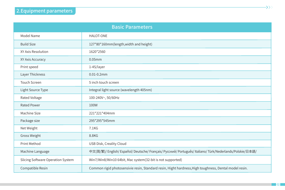 Equipment parameters, Basic parameters | Creality Halot-One Resin 3D Printer User Manual | Page 6 / 22