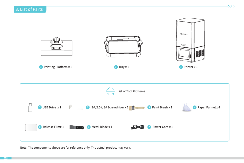 List of parts | Creality Halot-One Resin 3D Printer User Manual | Page 7 / 22