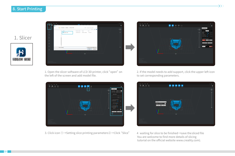 Slicer, Start printing | Creality Halot-Lite Resin 3D Printer User Manual | Page 14 / 22