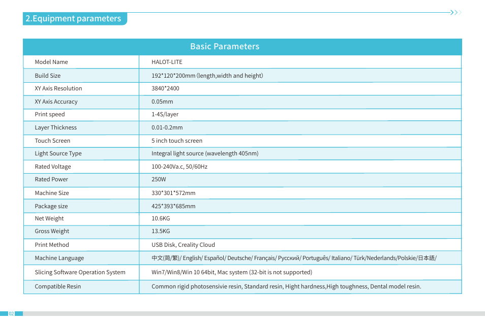 Equipment parameters, Basic parameters | Creality Halot-Lite Resin 3D Printer User Manual | Page 6 / 22