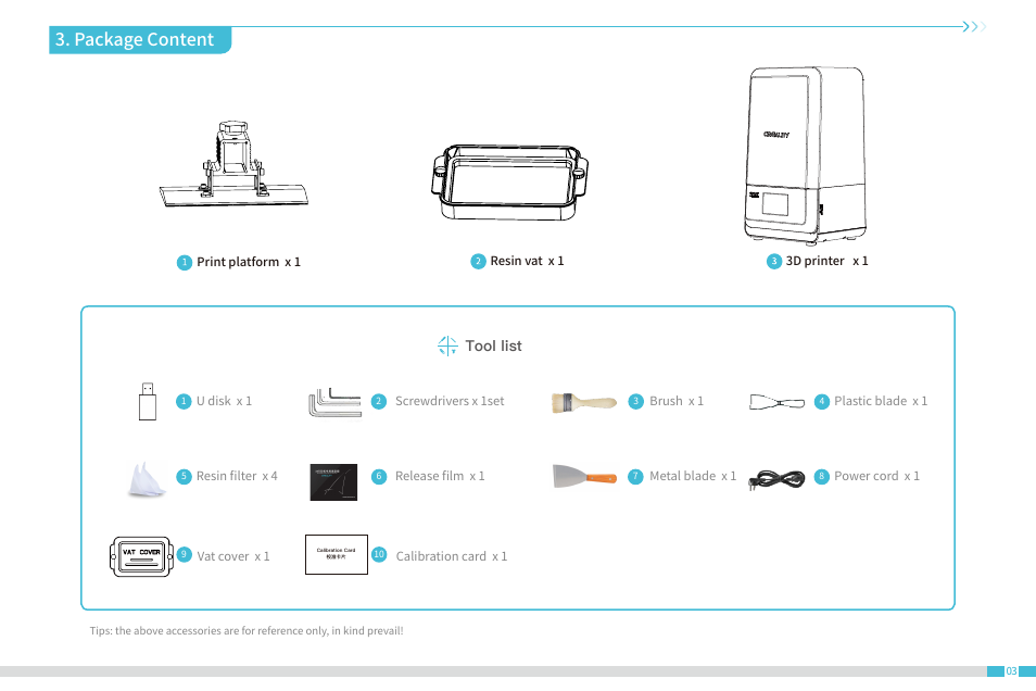 Package content, Tool list | Creality Halot-Lite Resin 3D Printer User Manual | Page 7 / 22