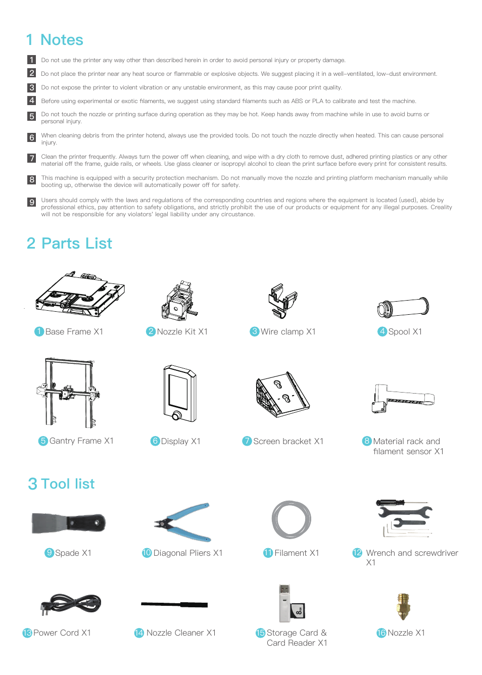 2 parts list, Tool list | Creality Ender-3 S1 FDM 3D Printer User Manual | Page 2 / 11