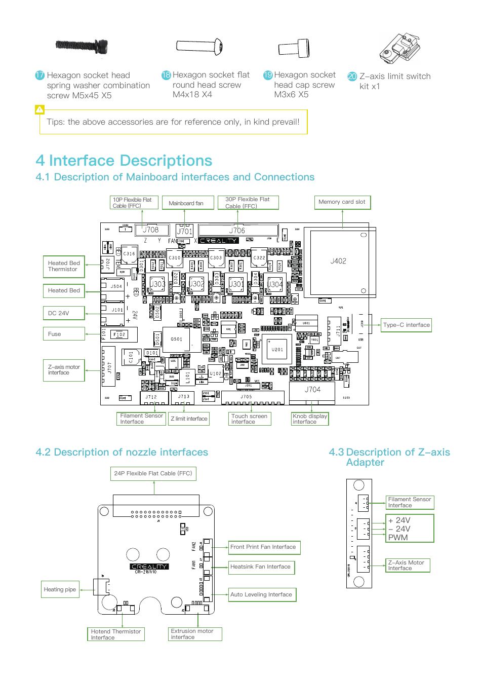 4 interface descriptions, Description of nozzle interfaces 4.3, Description of z-axis adapter | Creality Ender-3 S1 FDM 3D Printer User Manual | Page 3 / 11