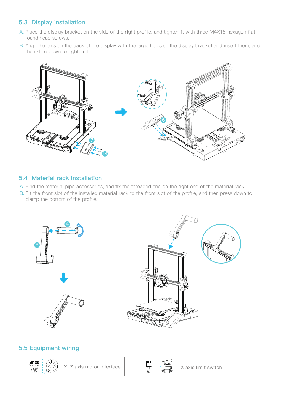 5 equipment wiring, 4 material rack installation, 3 display installation | Creality Ender-3 S1 FDM 3D Printer User Manual | Page 5 / 11