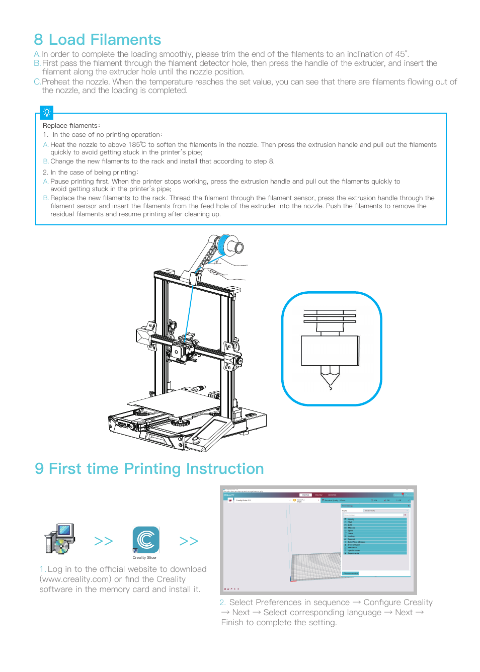 9 first time printing instruction, 8 load filaments | Creality Ender-3 S1 FDM 3D Printer User Manual | Page 9 / 11