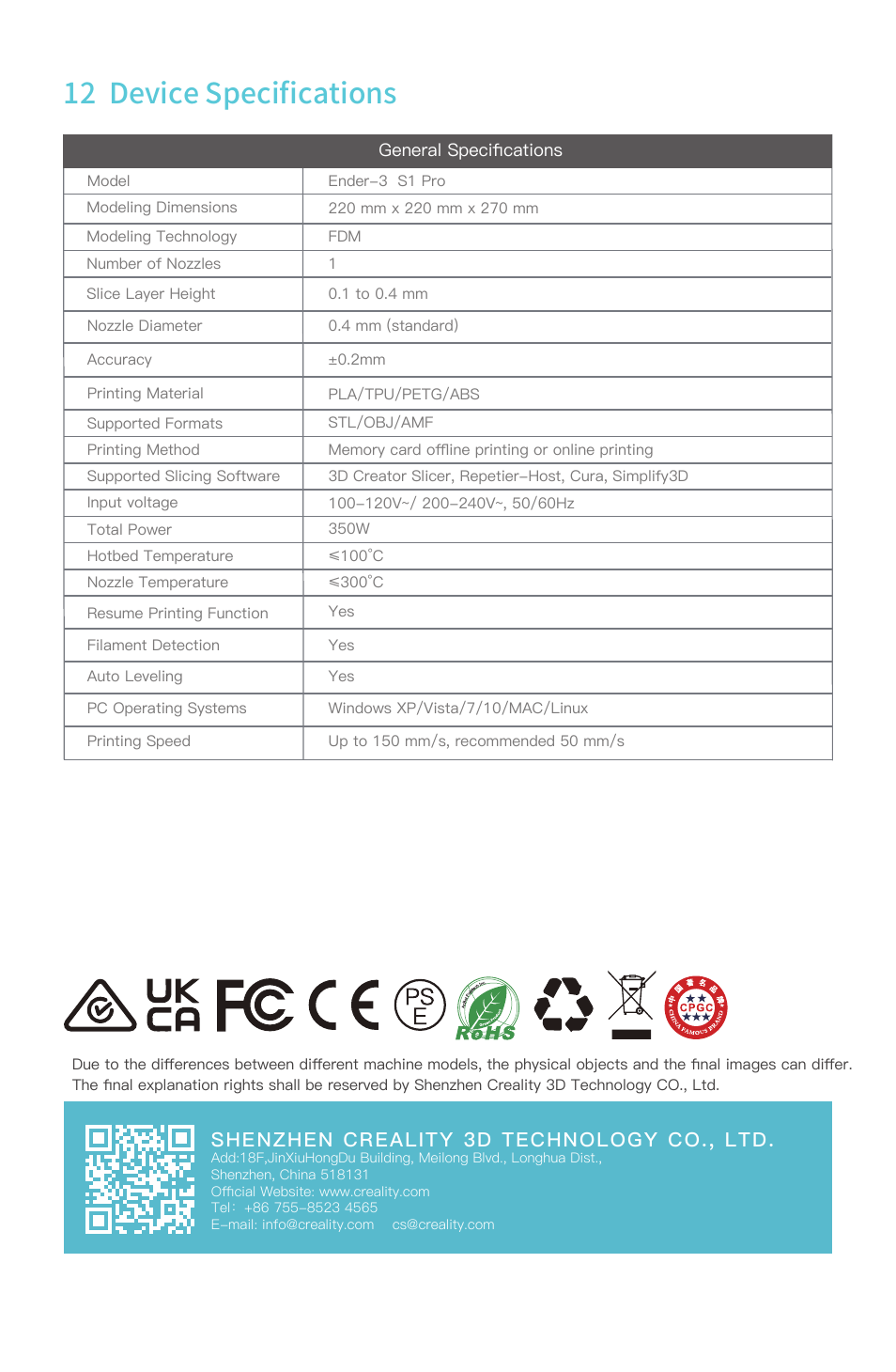 12 device speciﬁcations | Creality Ender-3 S1 Pro FDM 3D Printer User Manual | Page 12 / 12