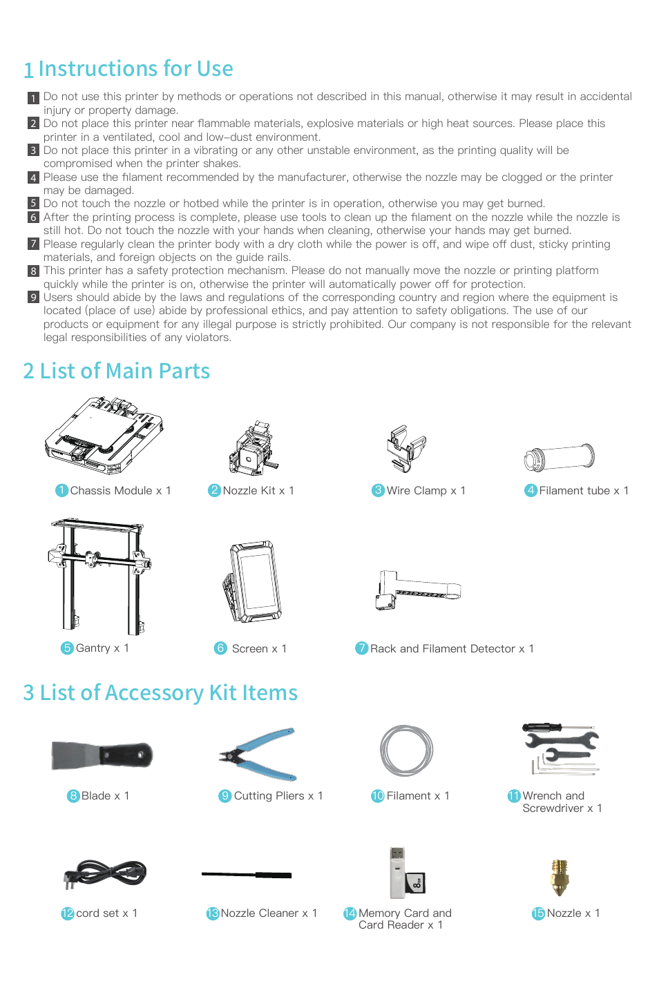 1 instructions for use, 3 list of accessory kit items, 2 list of main parts | Creality Ender-3 S1 Pro FDM 3D Printer User Manual | Page 2 / 12
