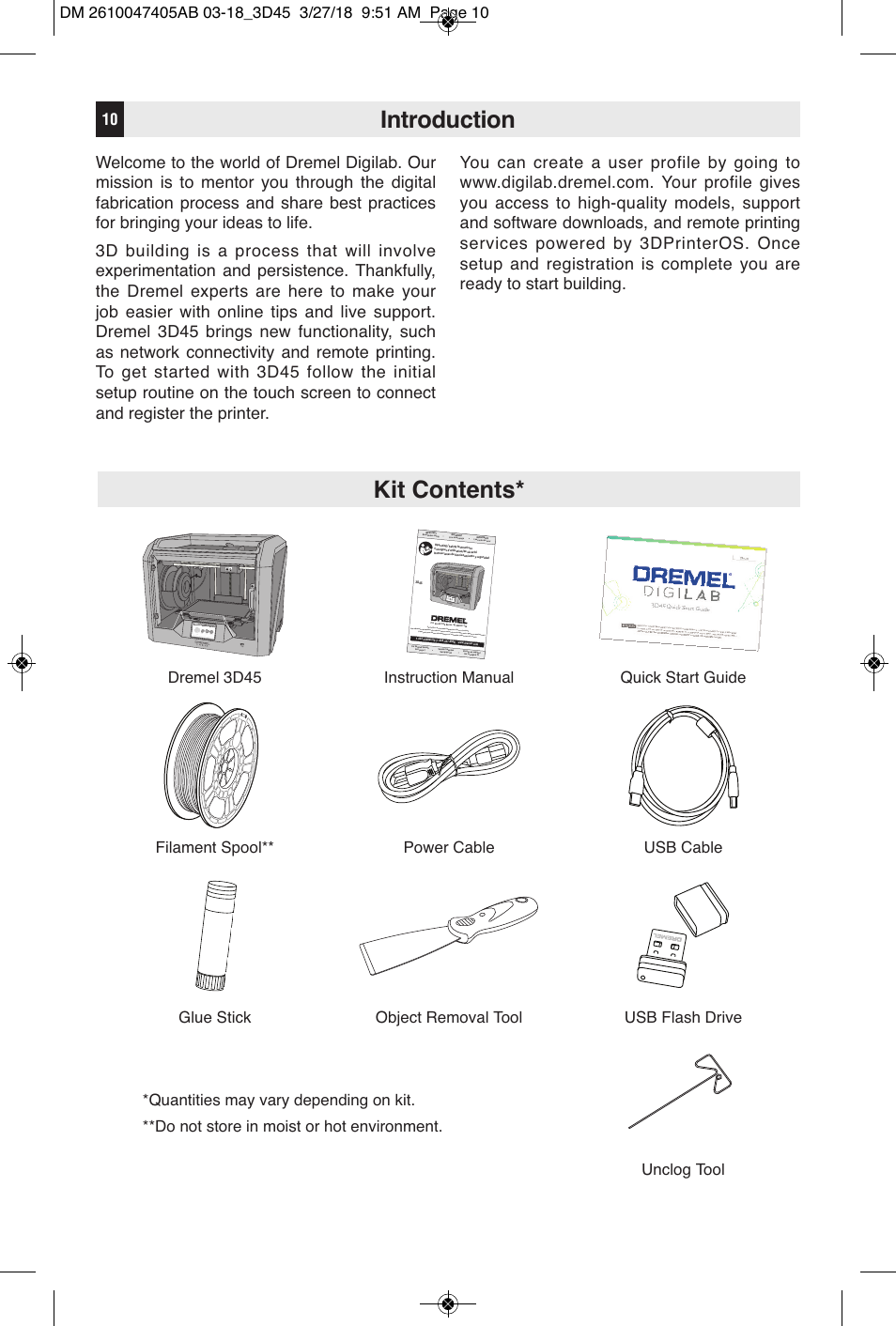 Introduction, Kit contents | Dremel Digilab 3D45-EDU Printer for Education User Manual | Page 10 / 37