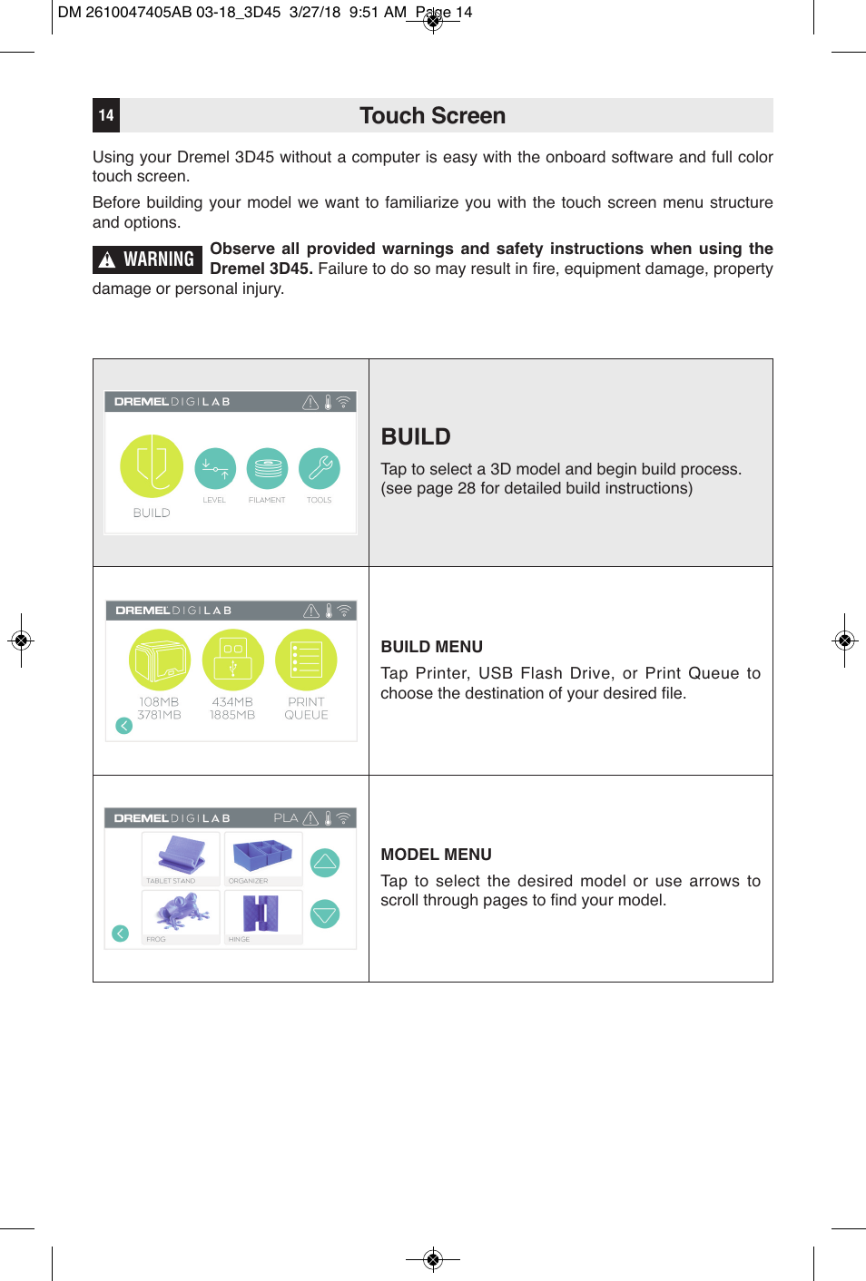 Touch screen, Build | Dremel Digilab 3D45-EDU Printer for Education User Manual | Page 14 / 37