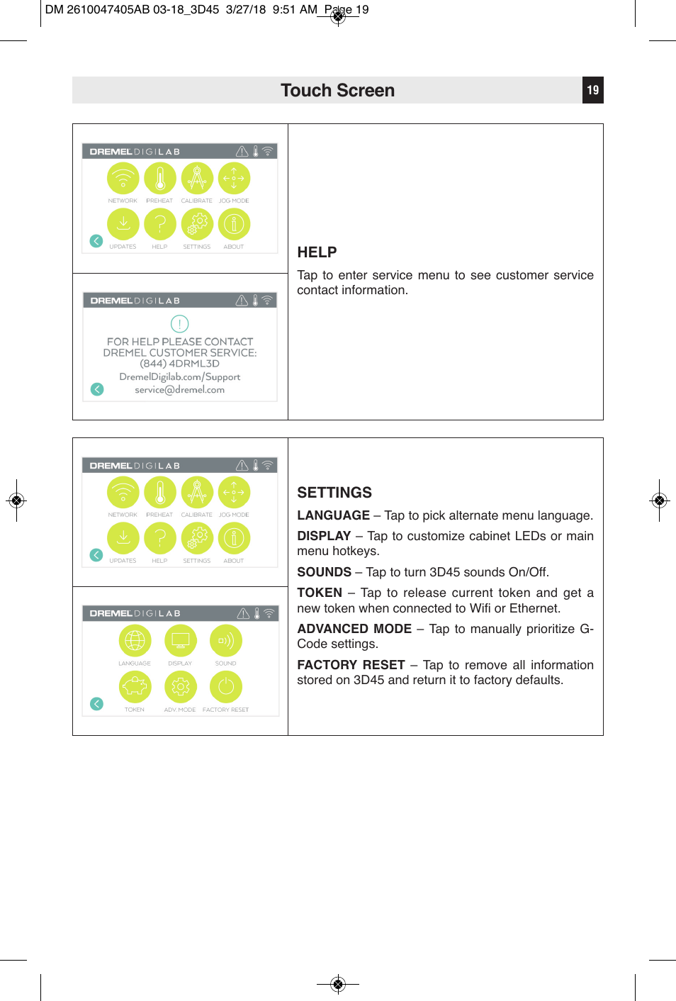 Touch screen | Dremel Digilab 3D45-EDU Printer for Education User Manual | Page 19 / 37