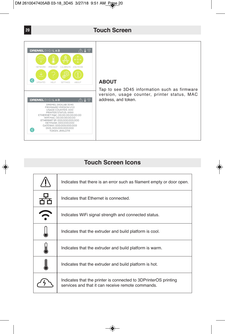 Touch screen, Touch screen icons | Dremel Digilab 3D45-EDU Printer for Education User Manual | Page 20 / 37
