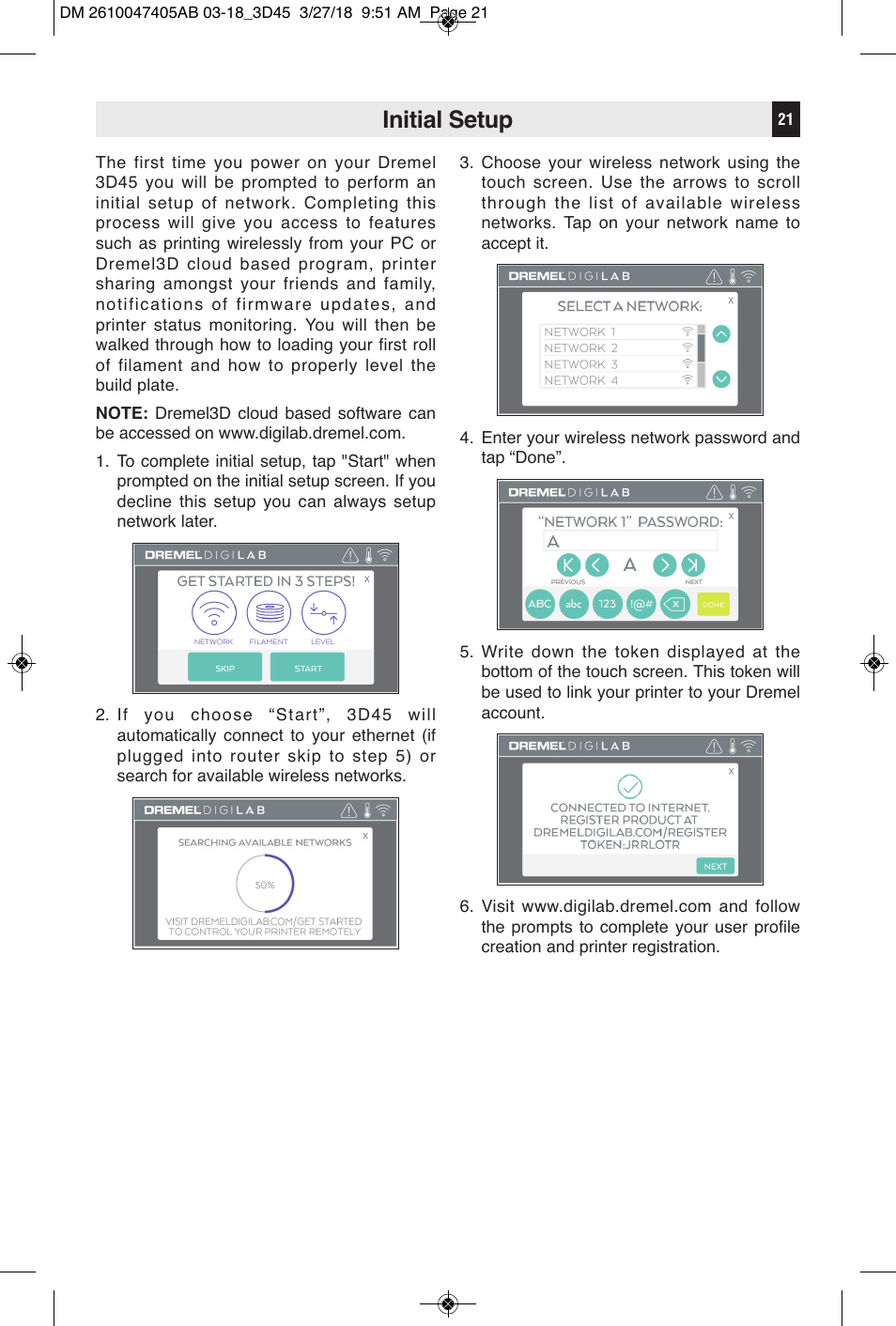 Initial setup | Dremel Digilab 3D45-EDU Printer for Education User Manual | Page 21 / 37