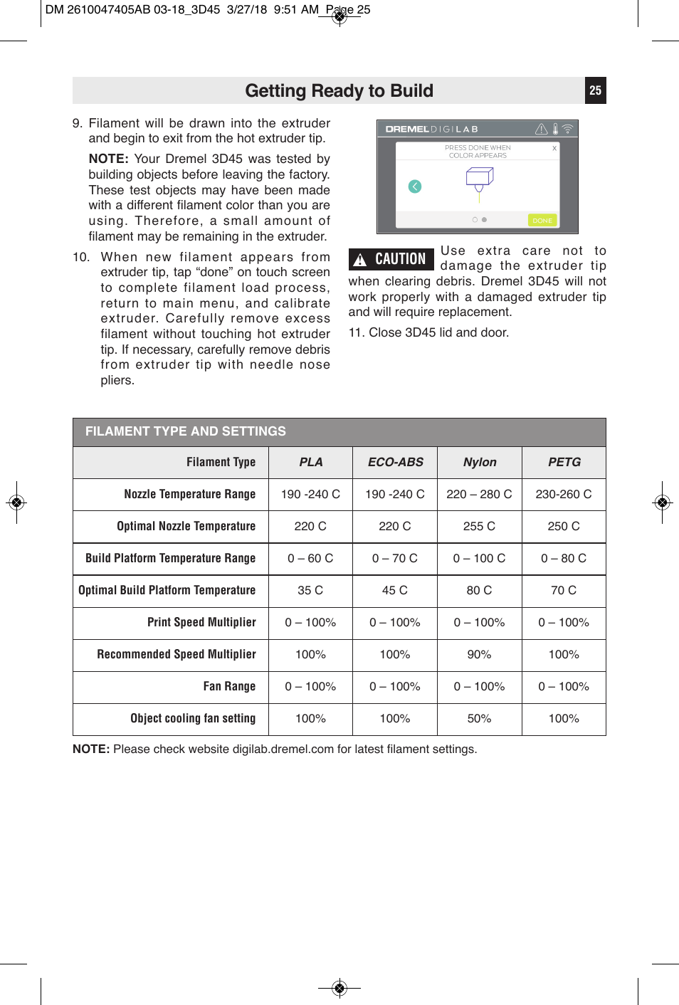 Getting ready to build, Caution | Dremel Digilab 3D45-EDU Printer for Education User Manual | Page 25 / 37
