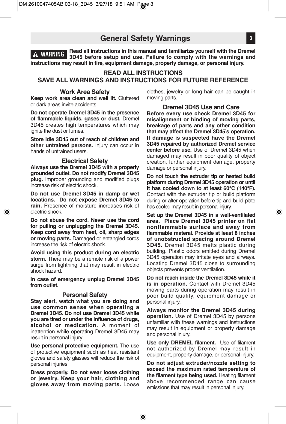 General safety warnings | Dremel Digilab 3D45-EDU Printer for Education User Manual | Page 3 / 37