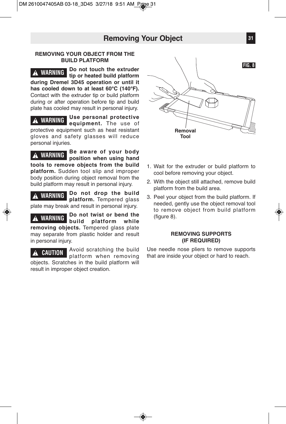 Removing your object | Dremel Digilab 3D45-EDU Printer for Education User Manual | Page 31 / 37
