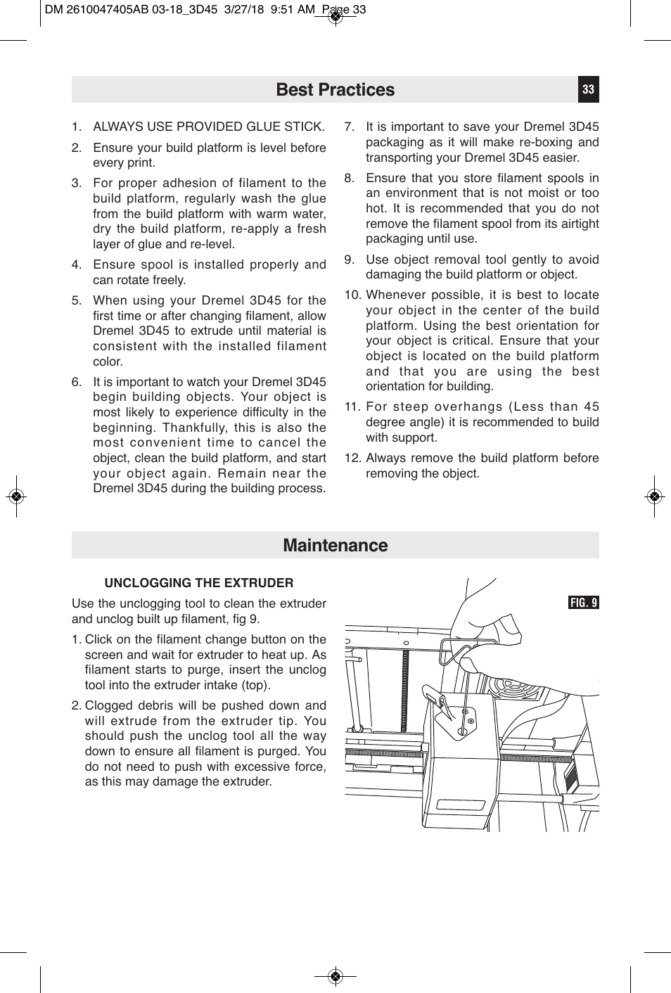 Best practices, Maintenance | Dremel Digilab 3D45-EDU Printer for Education User Manual | Page 33 / 37