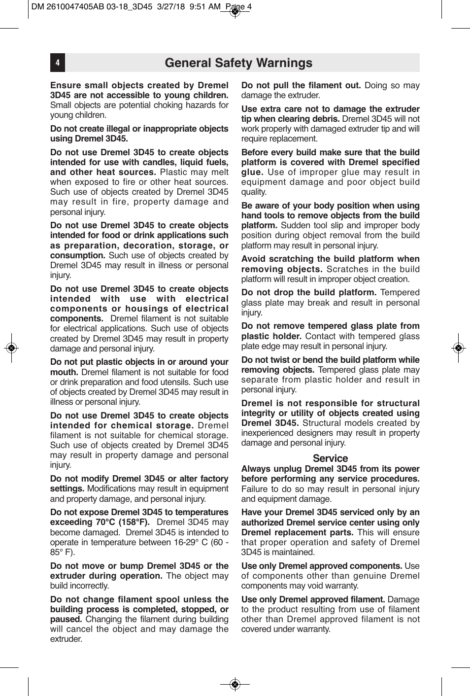 General safety warnings | Dremel Digilab 3D45-EDU Printer for Education User Manual | Page 4 / 37