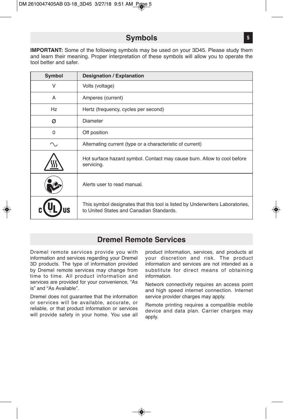 Dremel remote services symbols | Dremel Digilab 3D45-EDU Printer for Education User Manual | Page 5 / 37