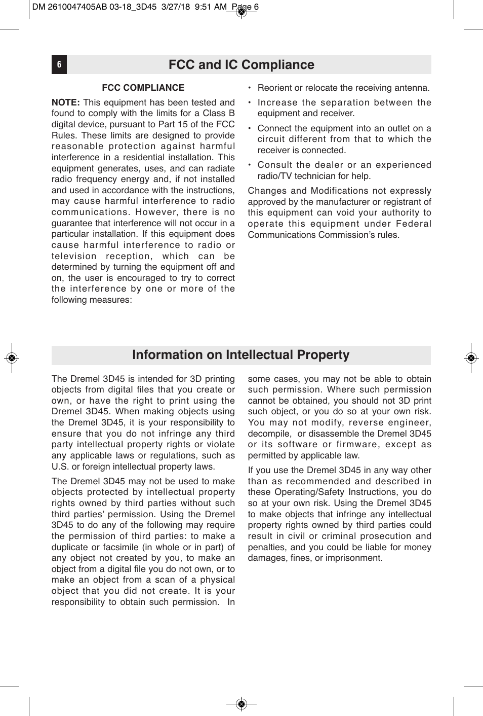 Fcc and ic compliance, Information on intellectual property | Dremel Digilab 3D45-EDU Printer for Education User Manual | Page 6 / 37