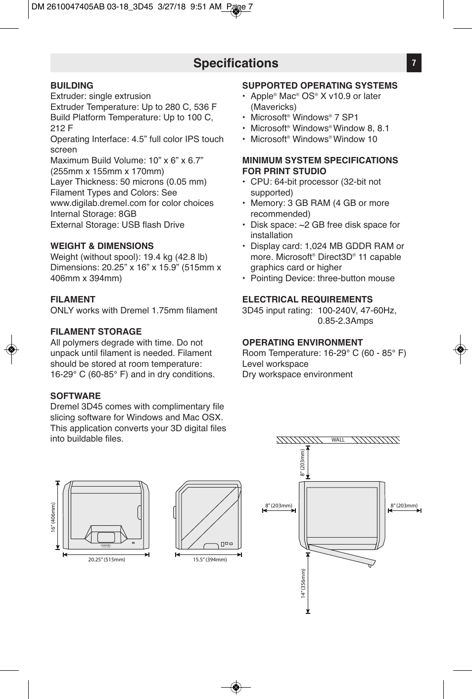 Specifications | Dremel Digilab 3D45-EDU Printer for Education User Manual | Page 7 / 37