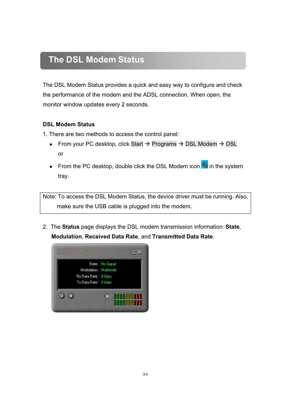 The dsl modem status | Dynalink ALE800 User Manual | Page 22 / 30