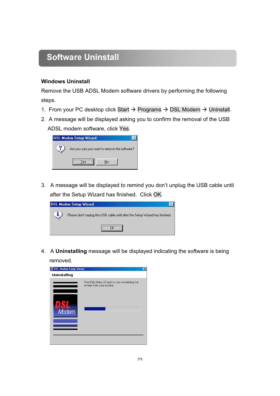 Software uninstall | Dynalink ALE800 User Manual | Page 24 / 30