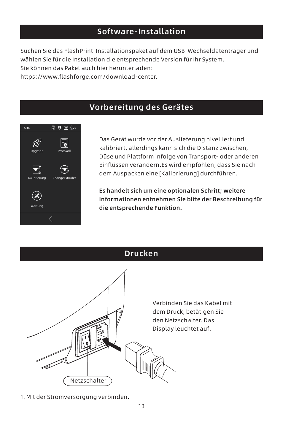 Software-installation vorbereitung des gerätes, Drucken | FlashForge Adventurer 4 3D Printer (FFF) User Manual | Page 15 / 28